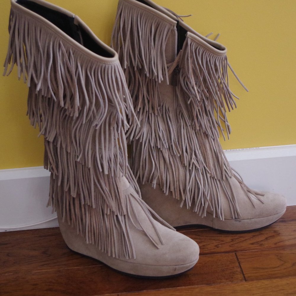 Kelton Suede leather beige fringe tall boots size 37 Made in Italy - Picture 3 of 14